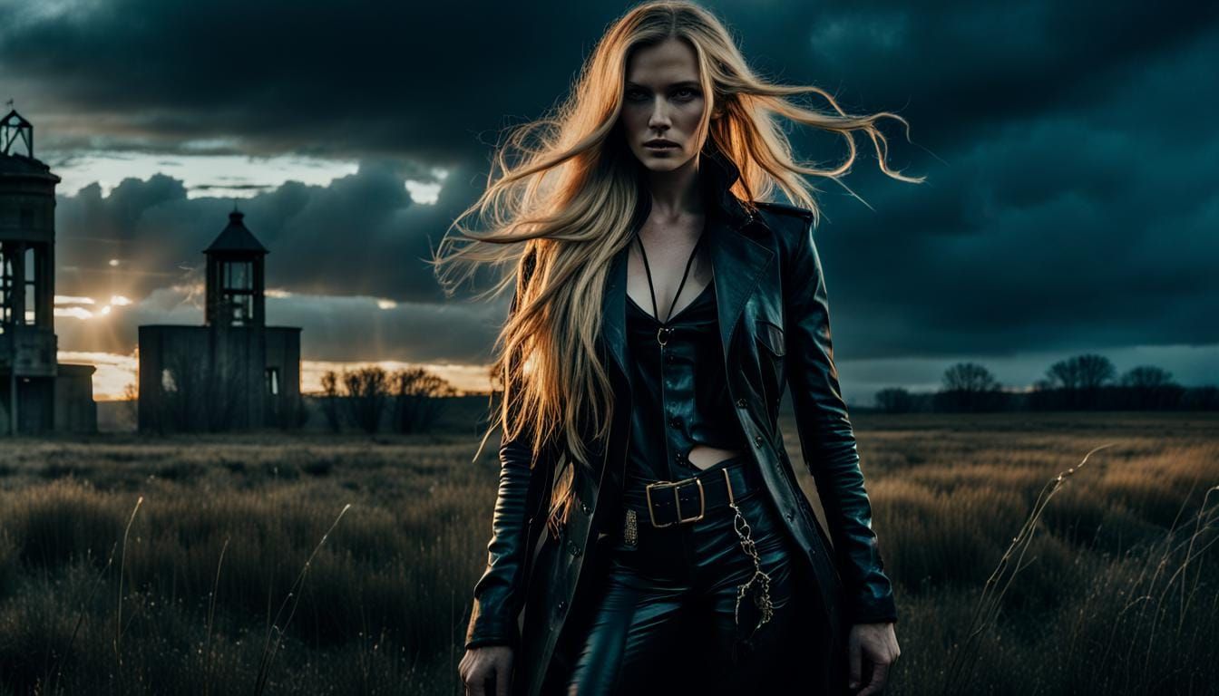 Prairie Portrait: Blonde Woman in Leather Coat