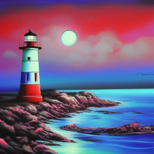 Lighthouse at Seaside: Graffiti Art With Red Moon