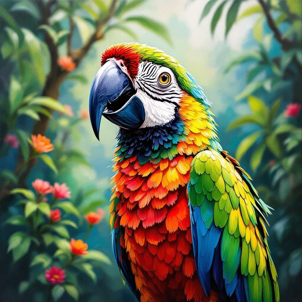 Vibrant Tropical Parrot in Impasto Oil Painting