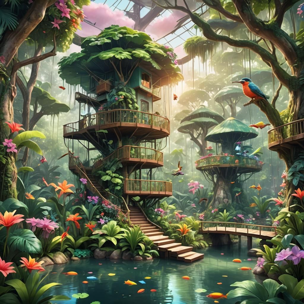 Tropical Rainforest Aviary in Dreamy Pastel Colors