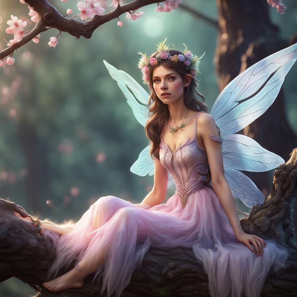 Spring Fairy on Branch, Detailed Matte Painting