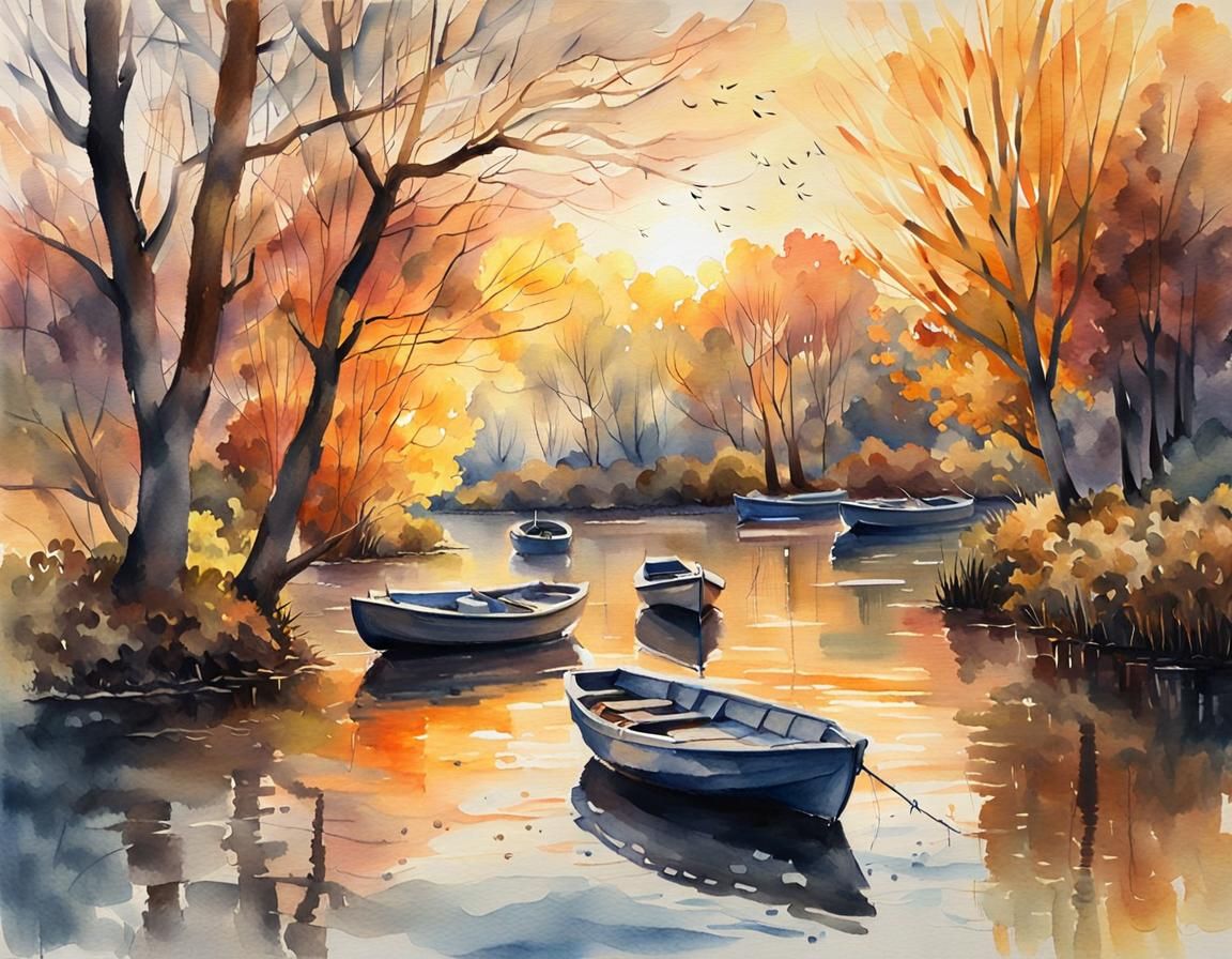 Autumnal River Scene at Sunset as Watercolor Painting