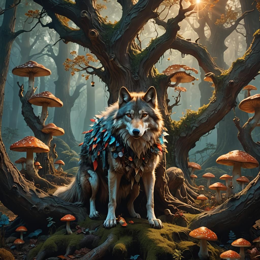Mystical Wolf on Ancient Root, Digital Matte Painting