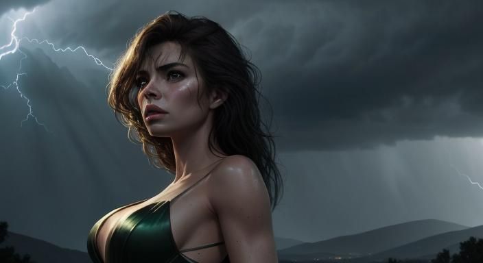 Dramatic Woman in Green Gown with Lightning
