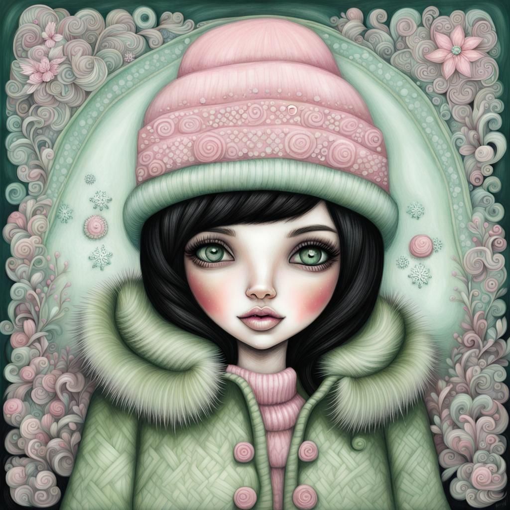 Smiling Girl in Snow, Zentangle Pastel Art