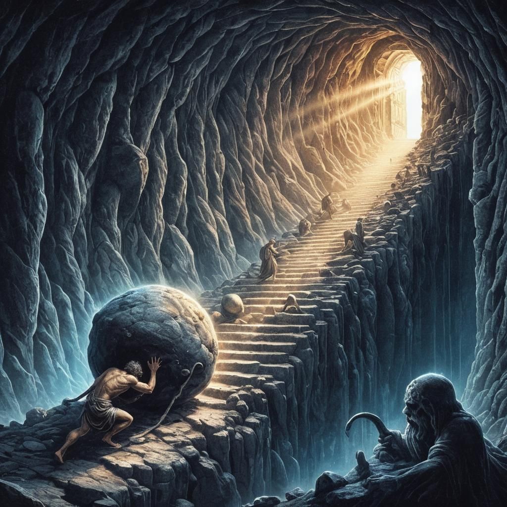 Sisyphus Pushing Boulder in Hades: Greek Myth Art