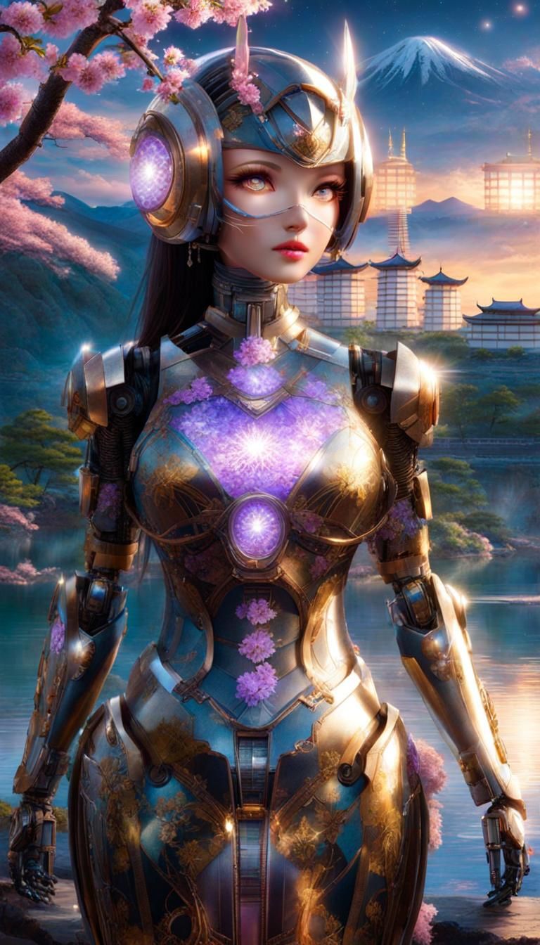 Fembot with Sakura Tree and Temples