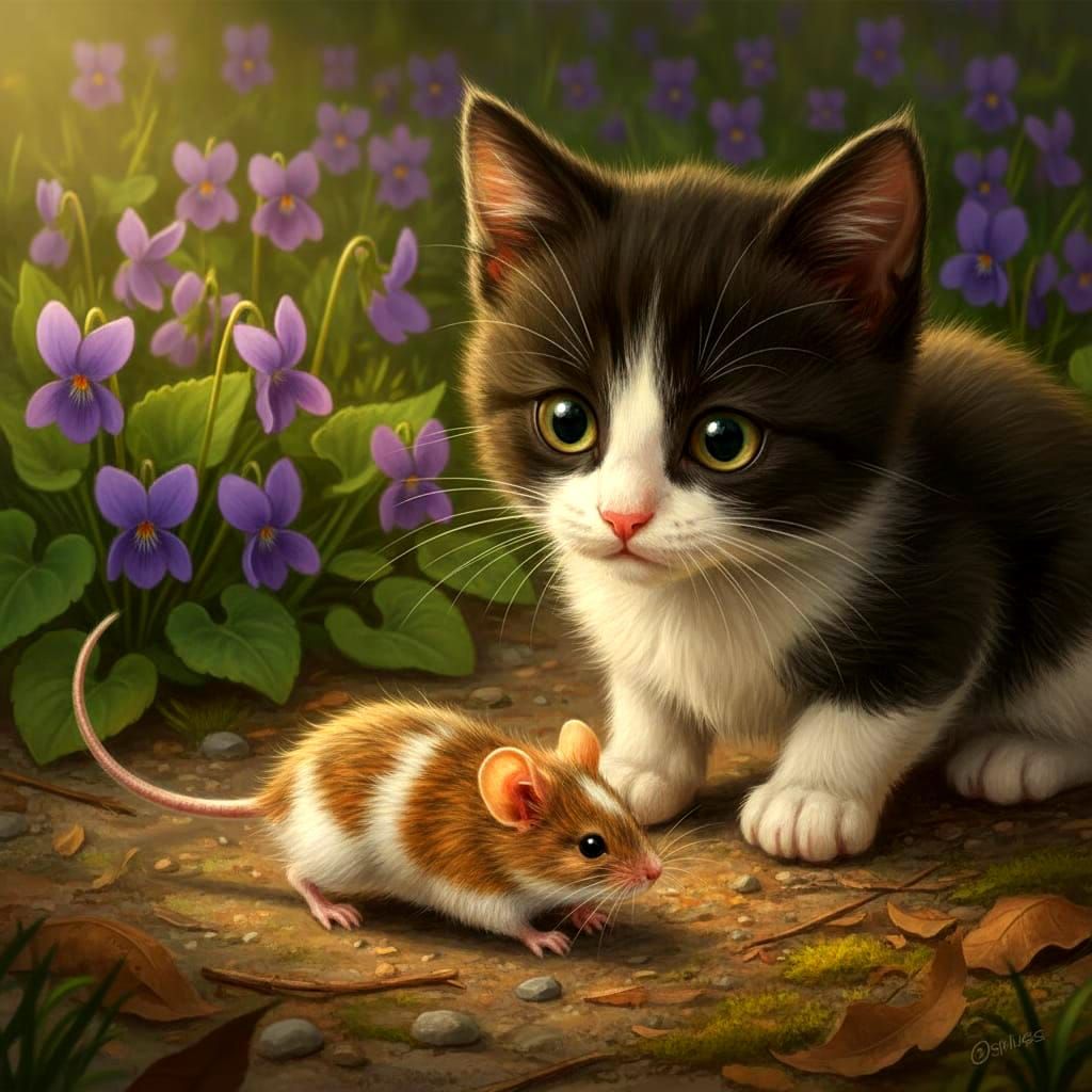 Tuxedo Kitten's Curious Encounter with a Mouse