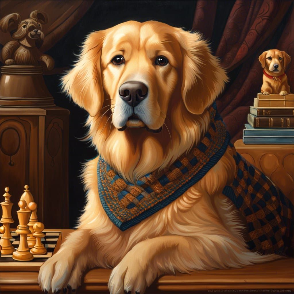 Golden Retriever Plays Chess in Hyperrealistic Portrait