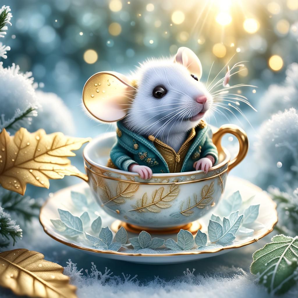 Mouse in Teacup on Frosty Leaf: Hyperrealistic Digital Art