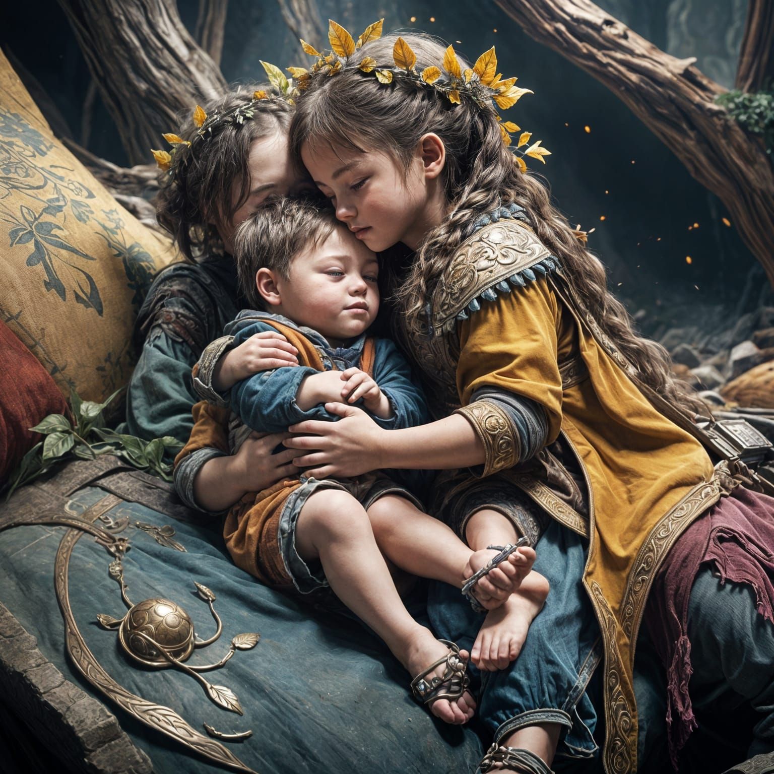 Heartwarming Sibling Cuddle: Detailed Fantasy Art