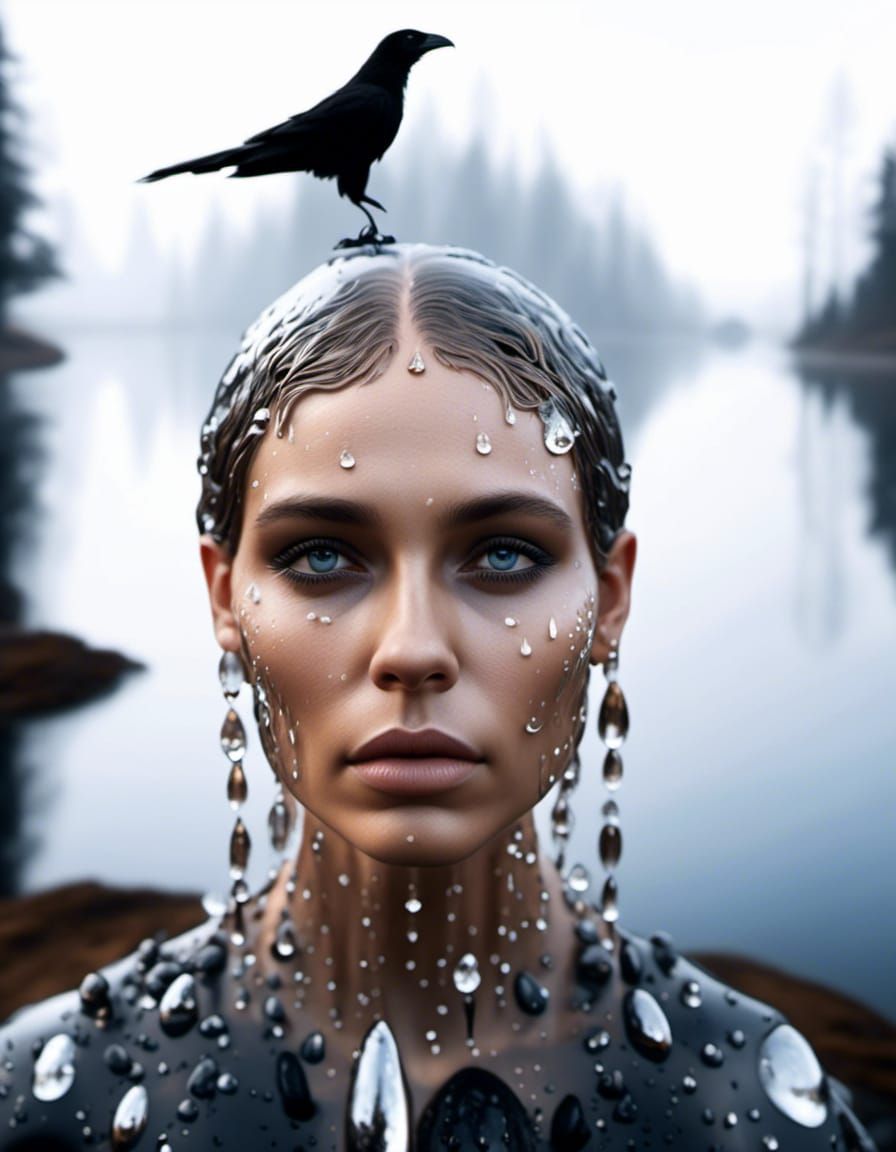 Scandinavian Water Droplets with Woman and Crows
