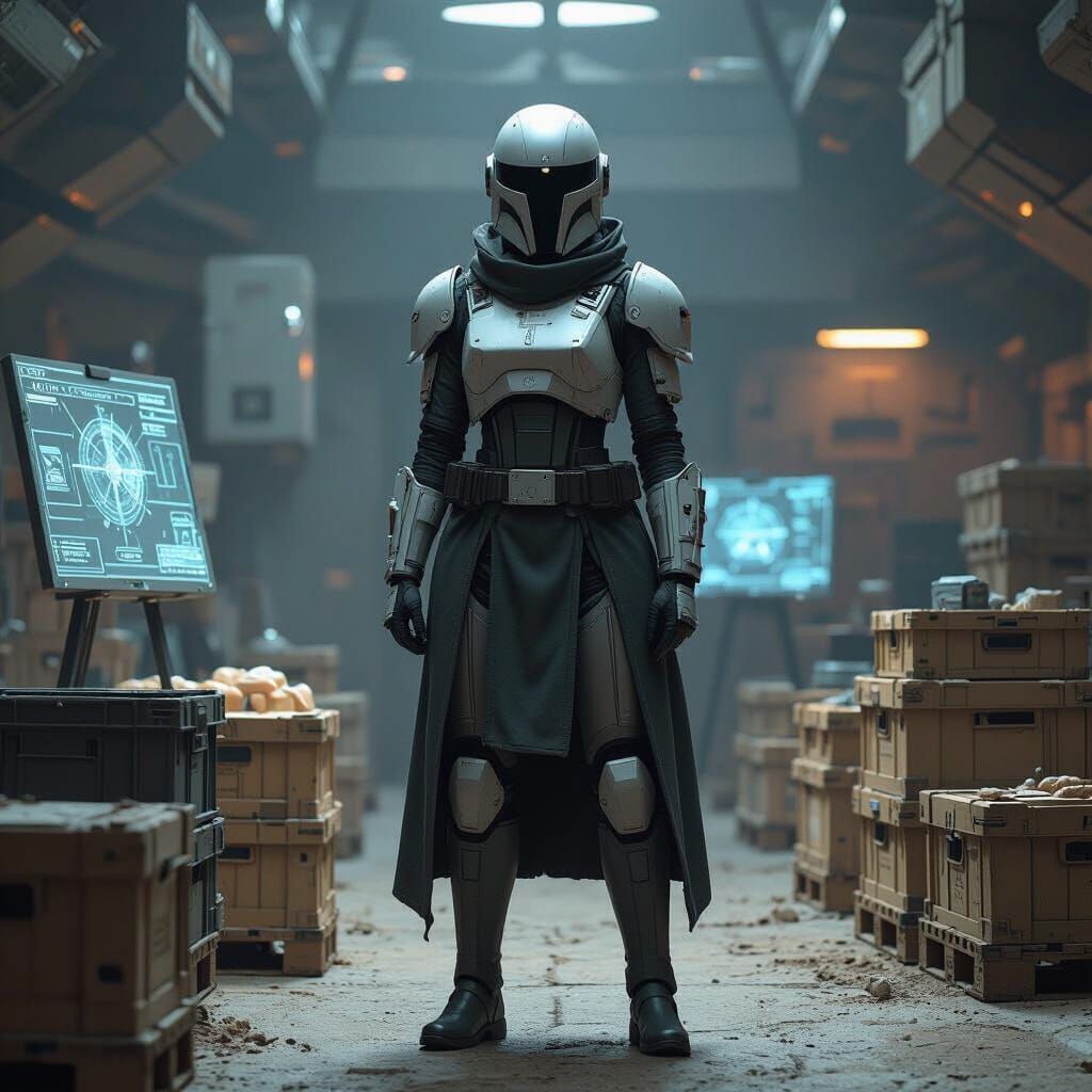 Helmeted Strategist Amidst Siege, Industrial Futurism