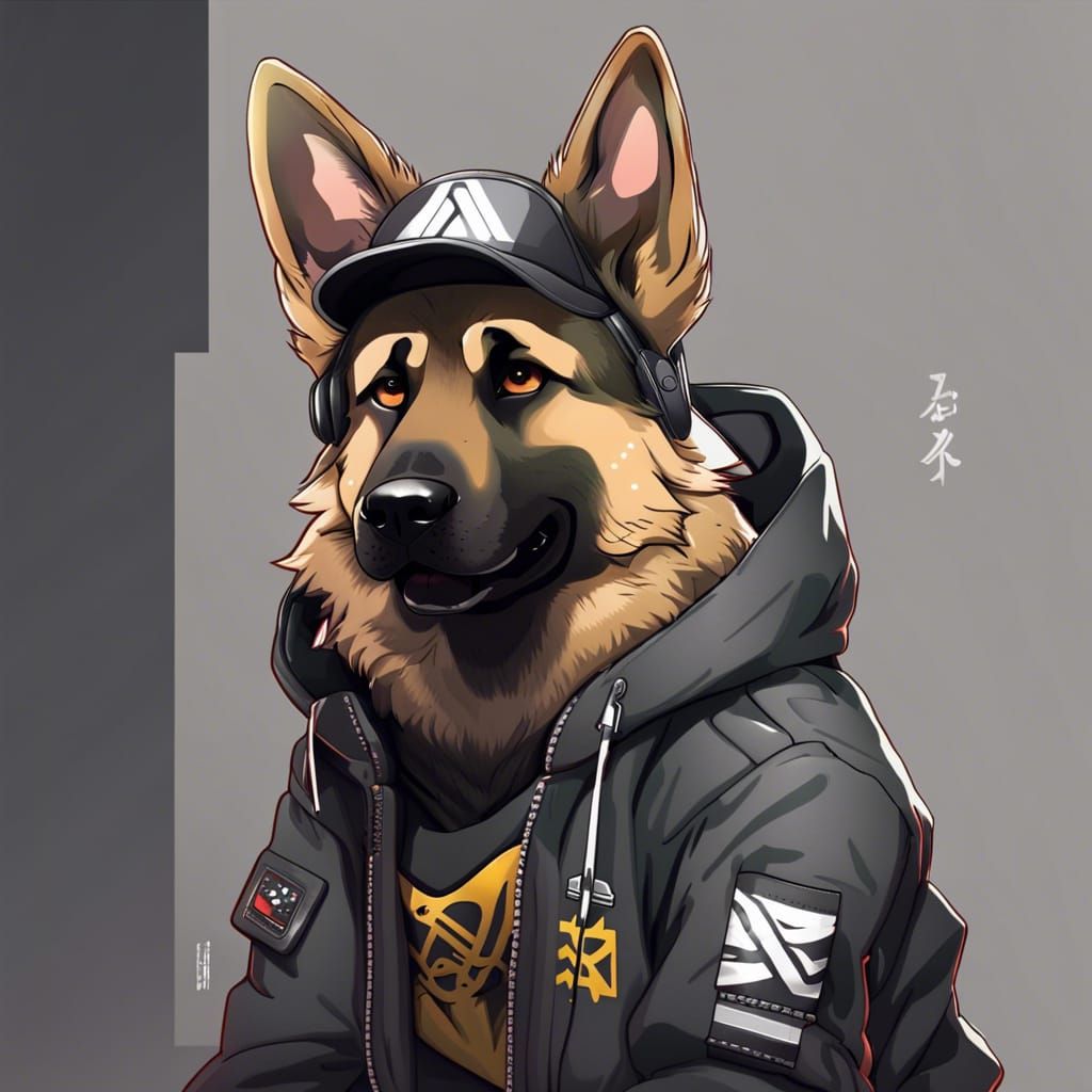 German Shepard wearing techwear and streetwear clothes by ar...