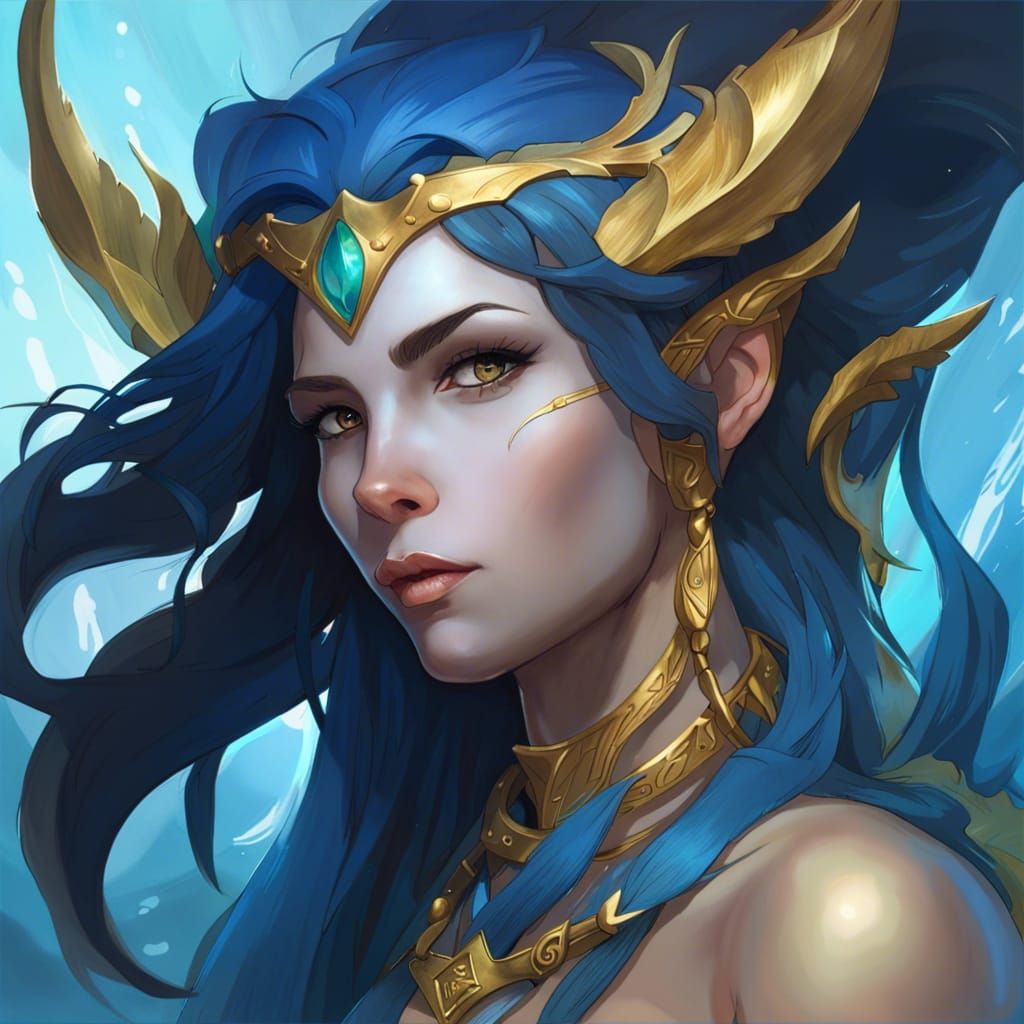 Blue Sea Elf Portrait in Art Nouveau Style