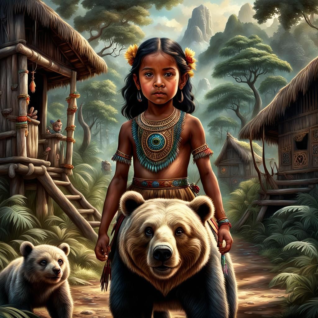 Happy Taino Princess with Bear Cub in Forest