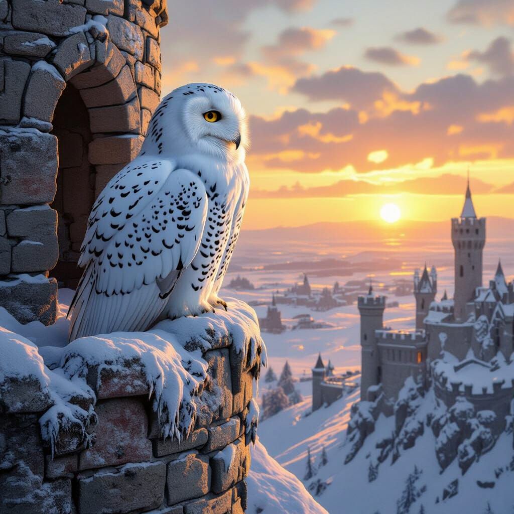 Snowy Owl Over Frozen Castle, Hyperrealistic Fantasy Art