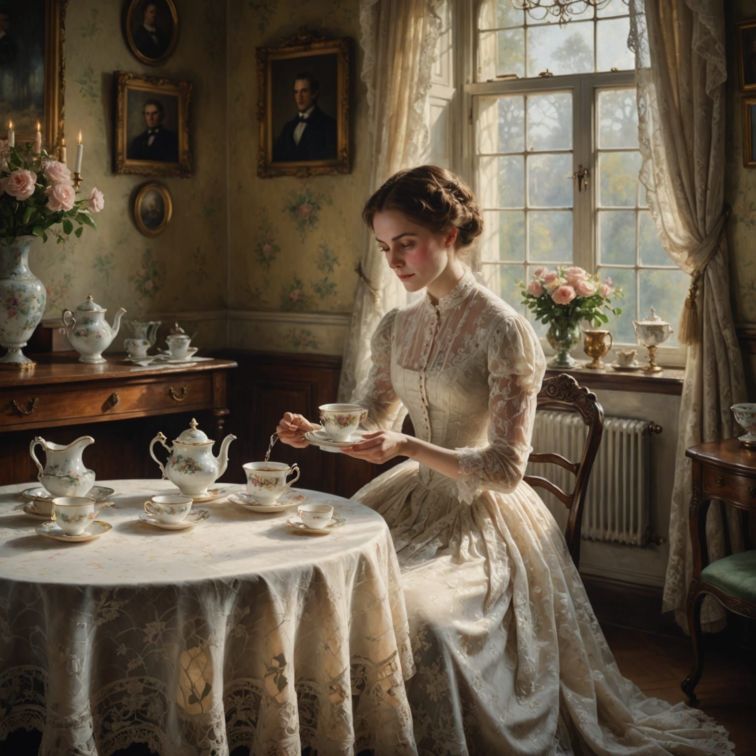 Victorian Woman Enjoying Tea in Soft Light