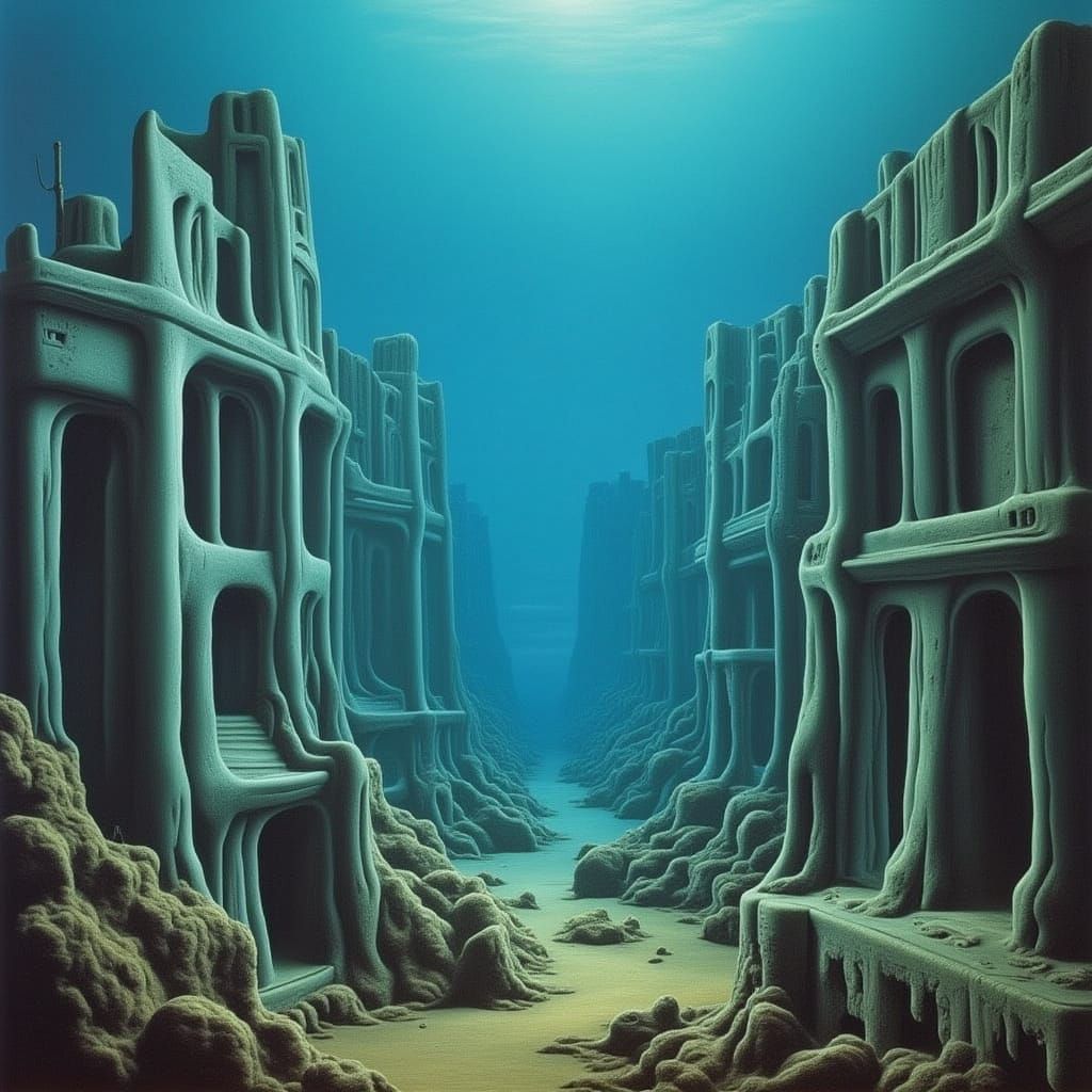 Underwater Atlantis Cityscape in Brutalist Style