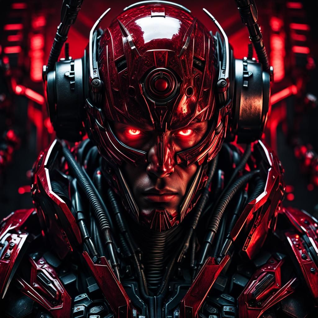 Cyberpunk Cyborgs in Dark Red, Hyperrealistic Detail