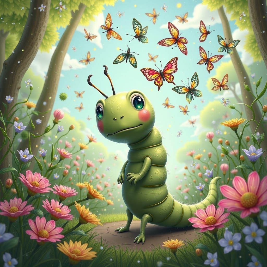 Whimsical Caterpillar Gazing at Butterflies in Garden