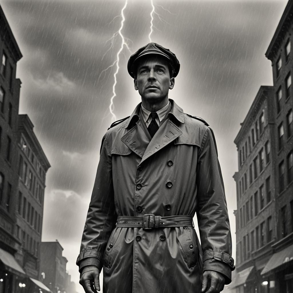 Film Noir Detective in Rainy Street, Black and White