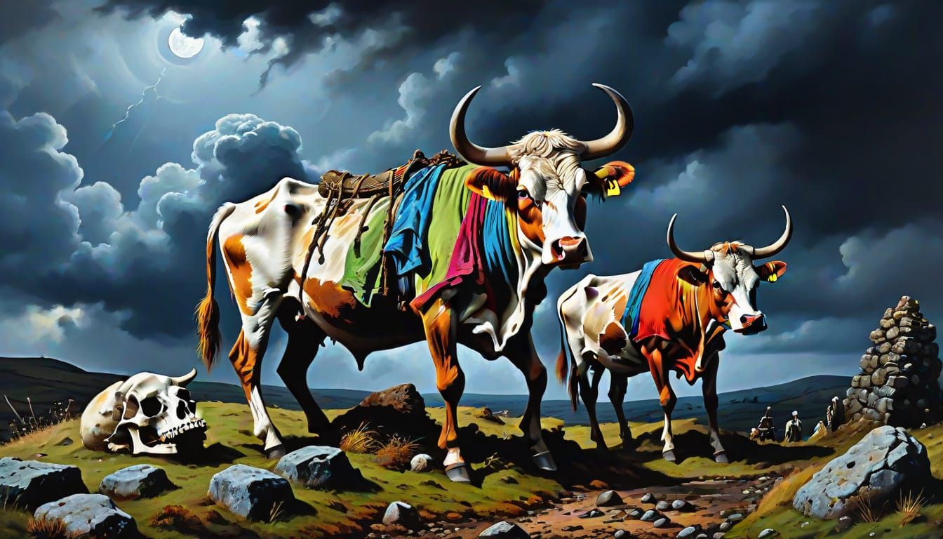 Surreal Cornish Piskies Play on Cow Skeleton