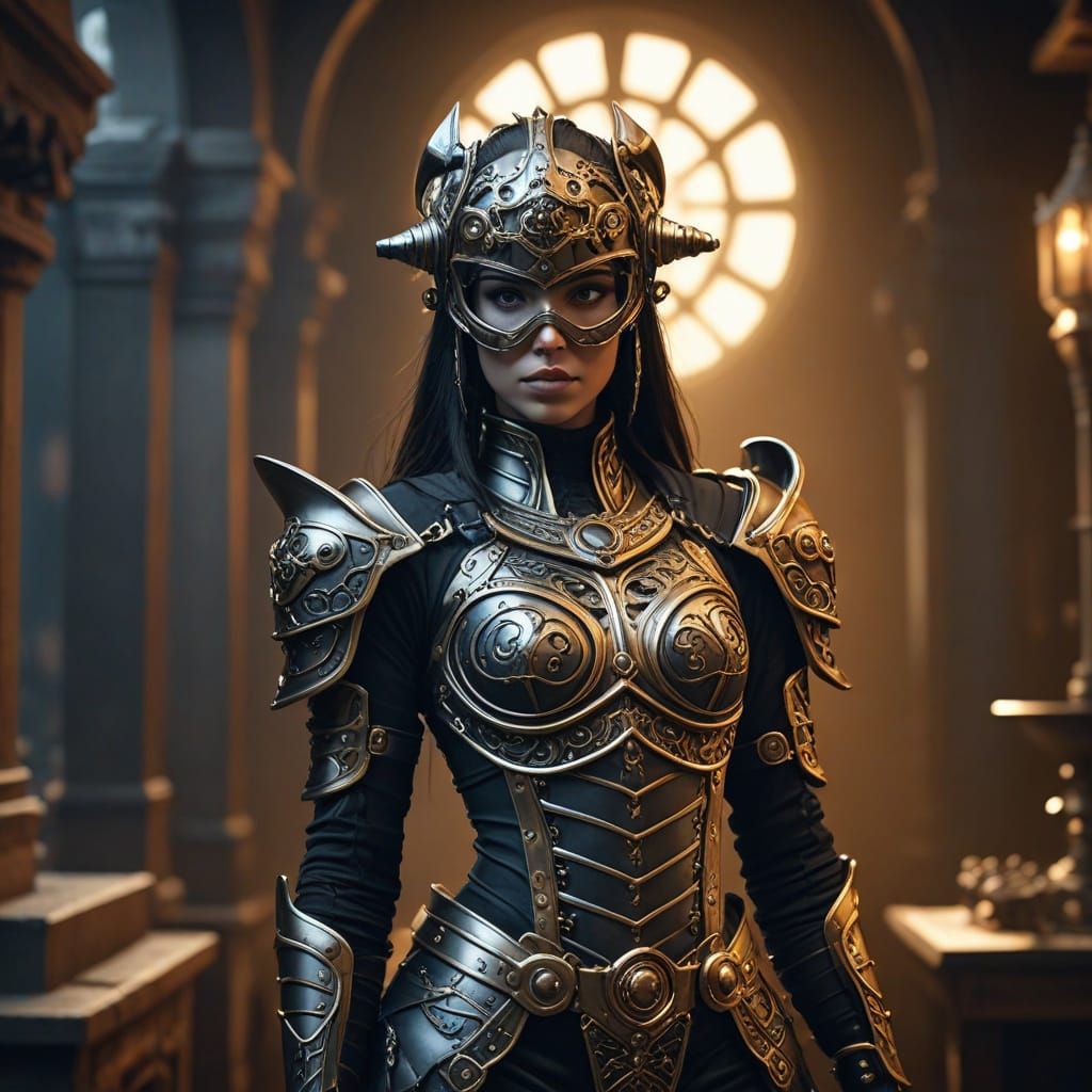 Medieval Steampunk Sorceress in Magical Brass Armor