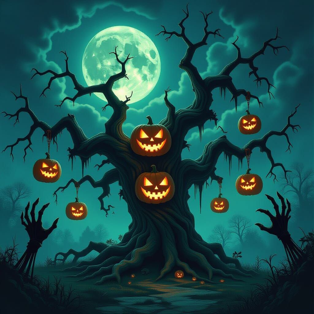 Haunted Halloween Tree With Glowing Jack-o'-Lanterns