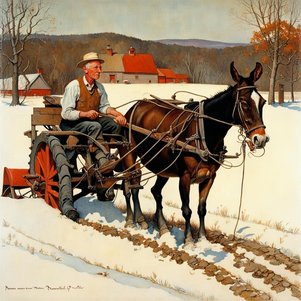Farmer Plowing Field in Rockwell Style Illustration