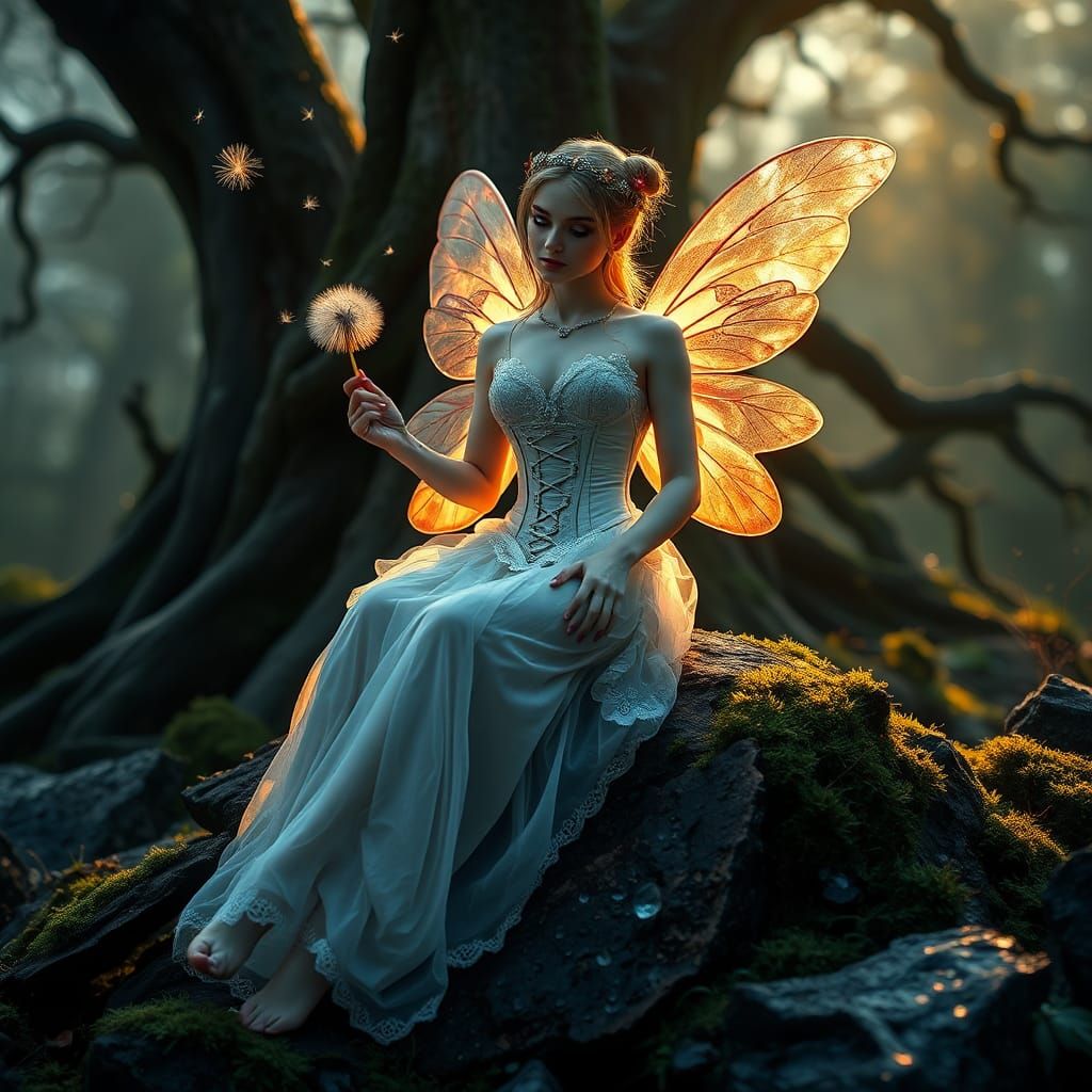 Fairy in Renaissance Dress in Misty Forest