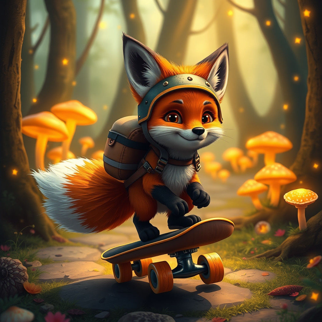Red Fox Skateboarder in Mystical Forest, Digital Matte Paint...