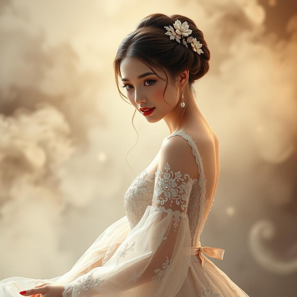 Ethereal Woman Pushing Mist, Photorealistic Portrait