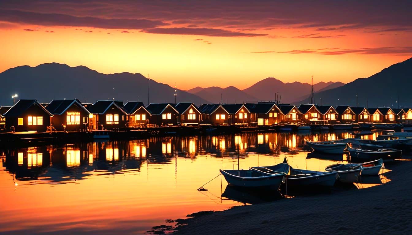 Vibrant Sunset Fishing Village Scene in Photorealistic Style