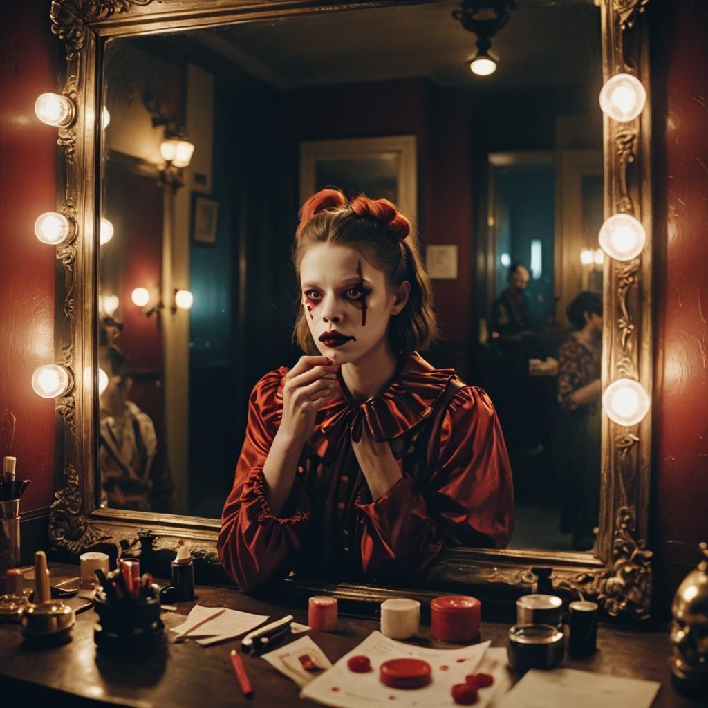Clown Reflection in Old Hollywood Style