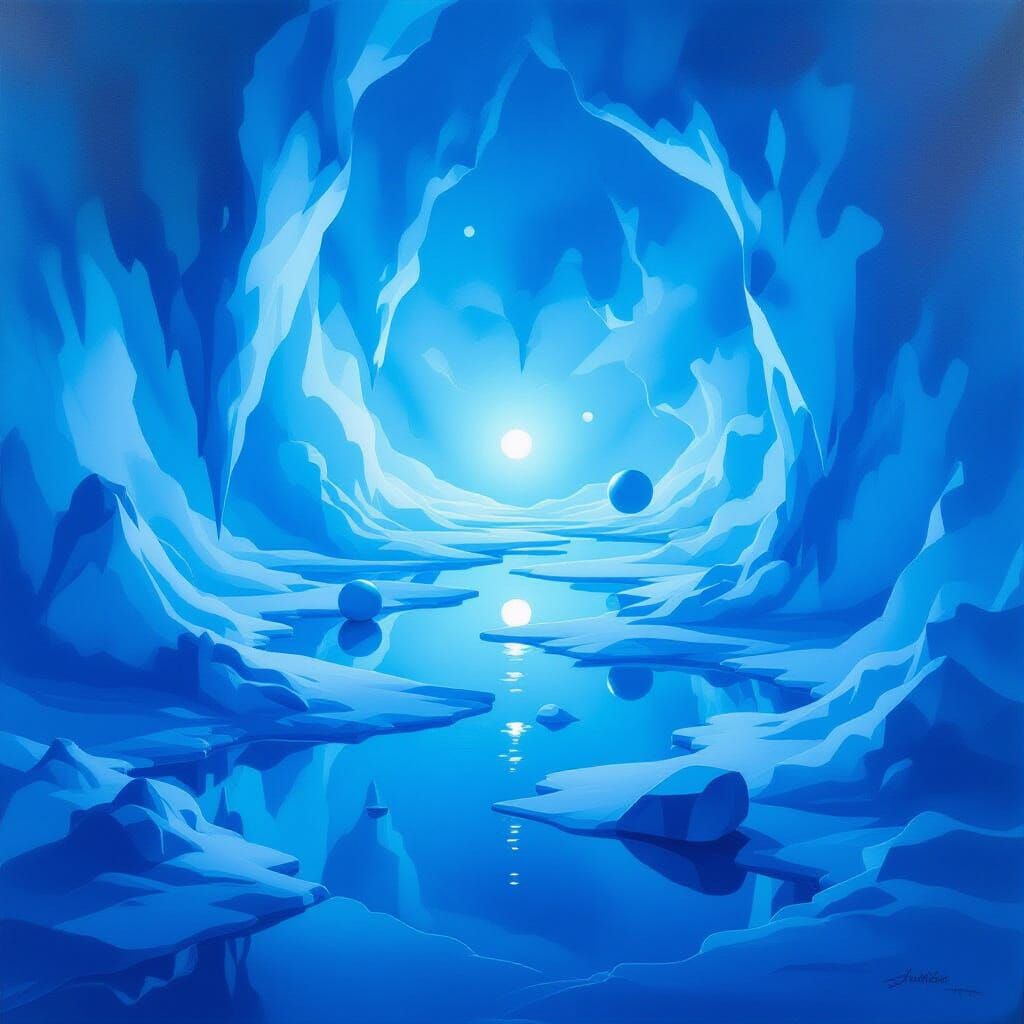 Surreal Blue Dreamscape with Floating Objects