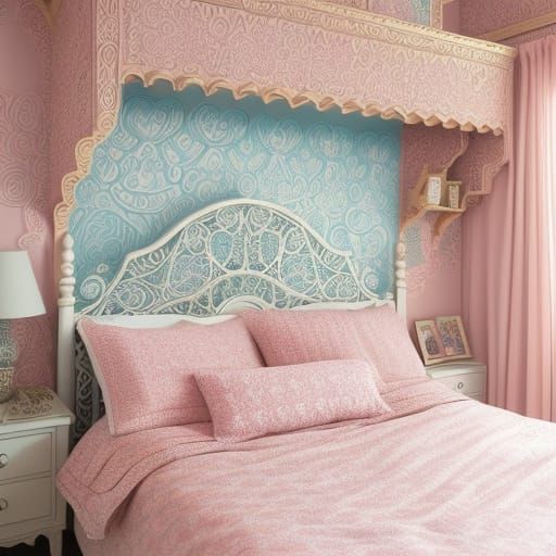 Whimsical Pink Bedroom in Watercolor Zentangle Style