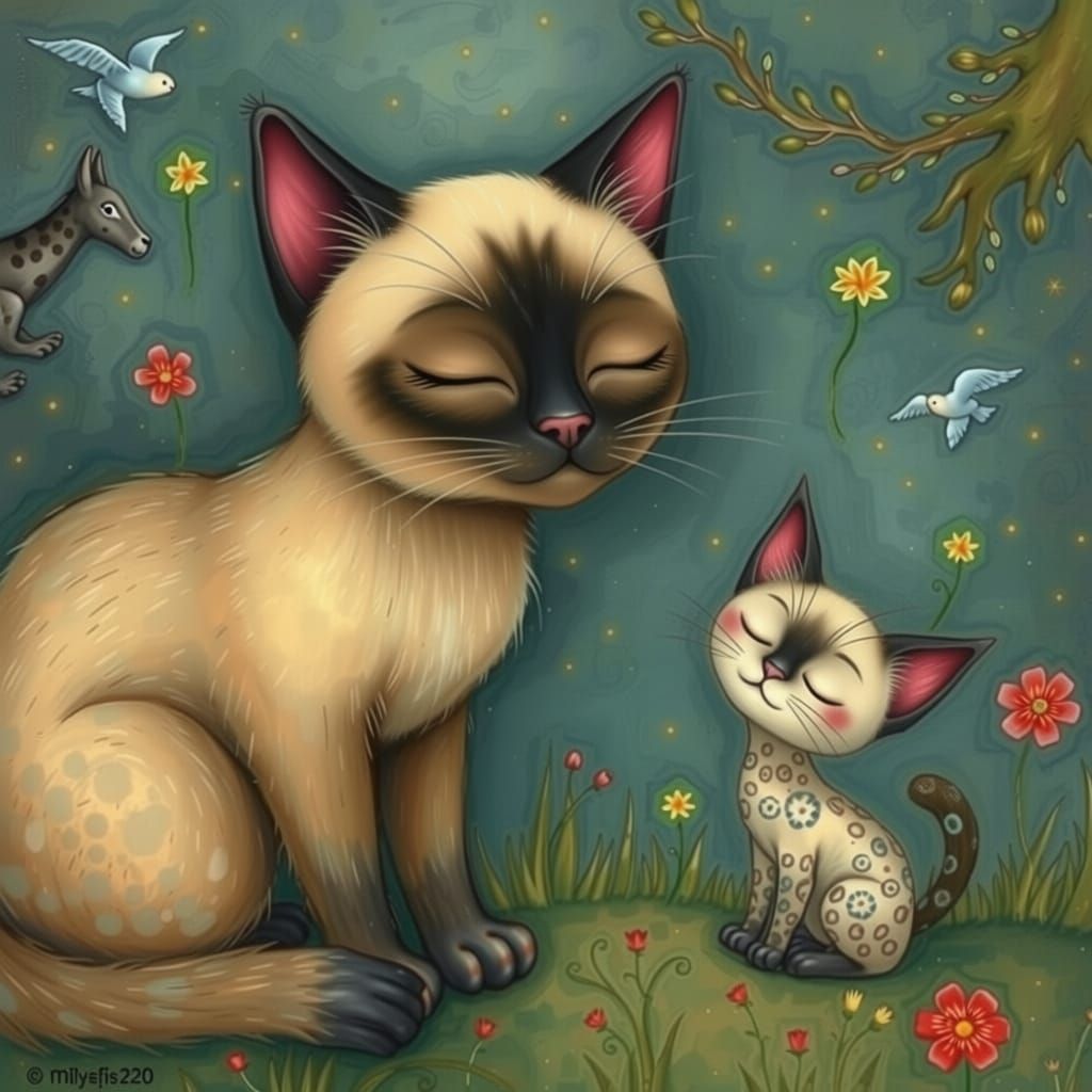 Gustav Klimt, gilded, whimsical Siamese  cat and Friends, wh...