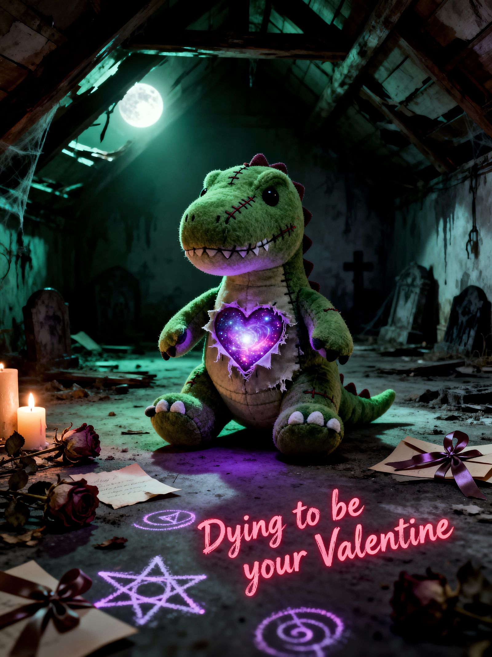 Stitched Dino Toy in Dusty Attic with Cosmic Heart