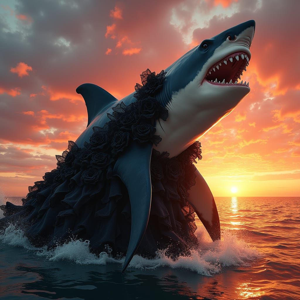 Majestic Great White Shark in Gothic Wedding Gown Against Au...