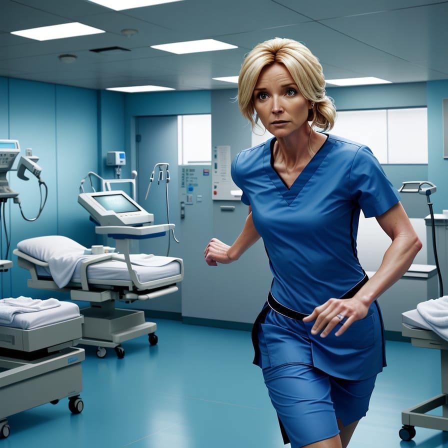 Woman Escapes Surgeon: Realistic Digital Art in Hospital