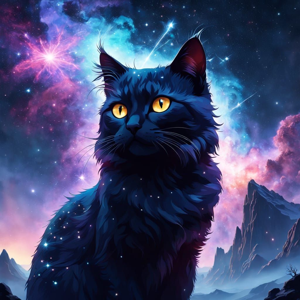 Cosmic Cat Silhouette in a Starry Galaxy