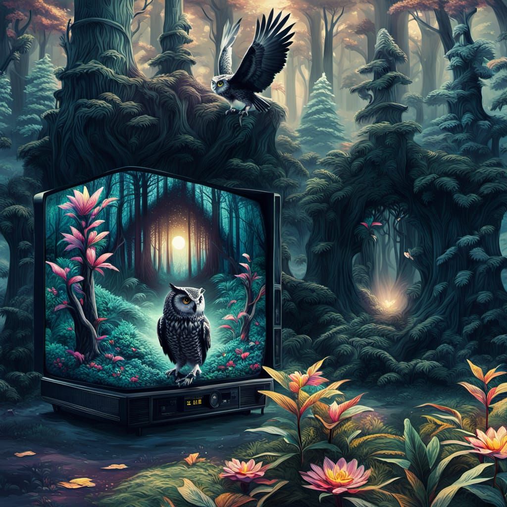Owl Flies from Noir TV into Colorful Forest