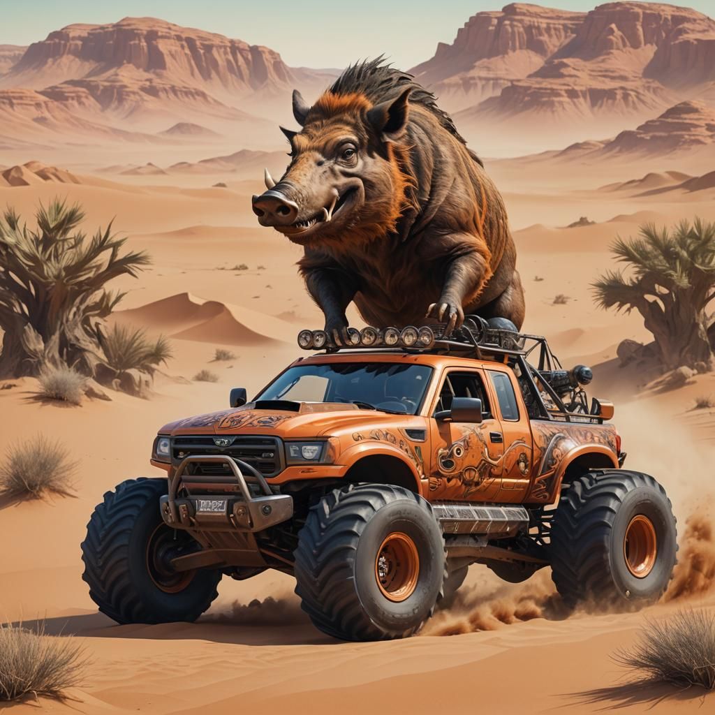 Wild Boar Drives Orange Monster Truck in Desert
