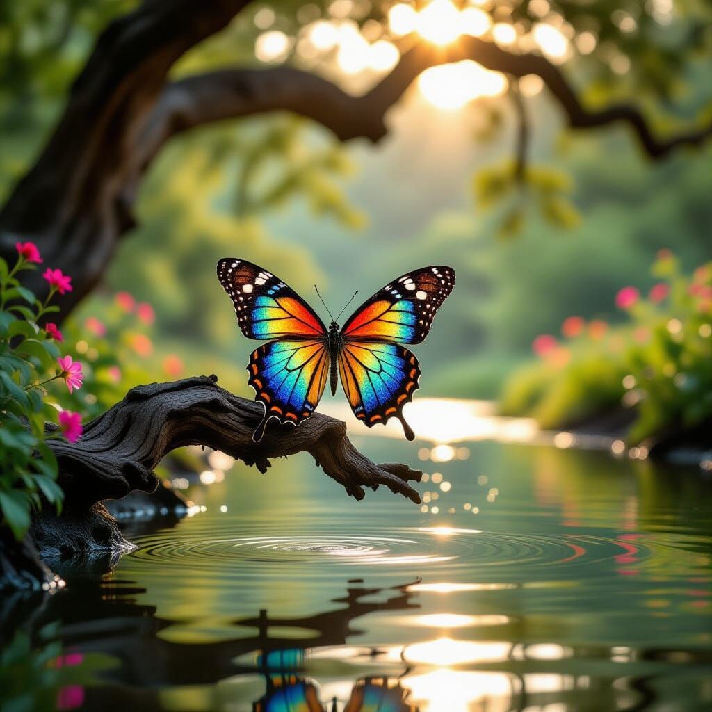 Iridescent Butterfly on Ancient Tree Branch