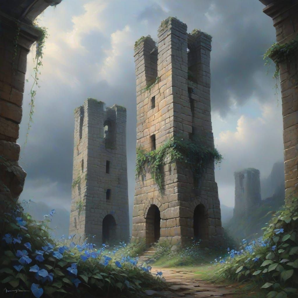Majestic Stone Towers in Stormy Sky, Serene Misty Atmosphere