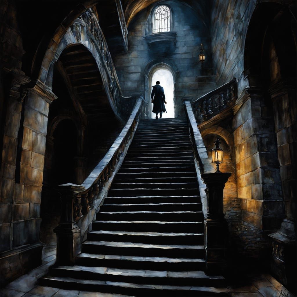A Boy Descending Castle Stairs in Dramatic Chiaroscuro Water...