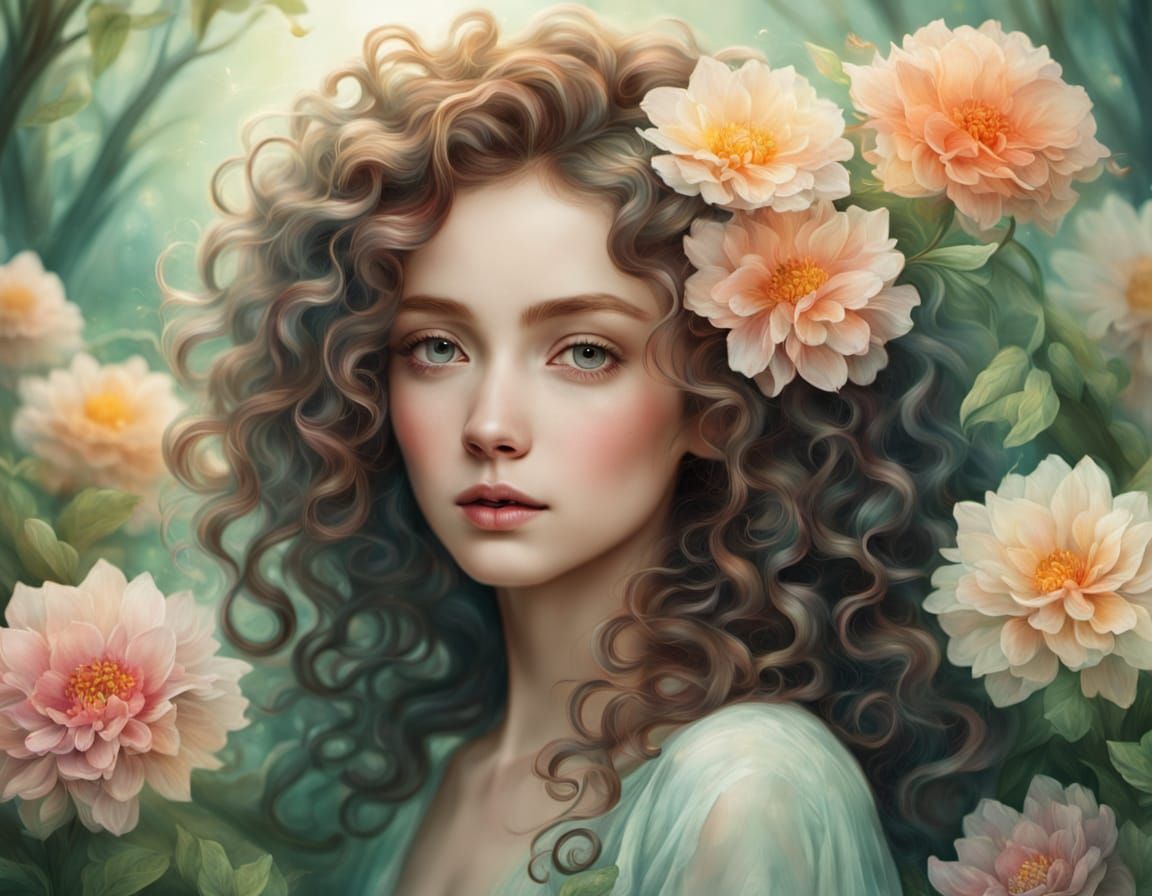 Whimsical Curly Girl in Lush Forest