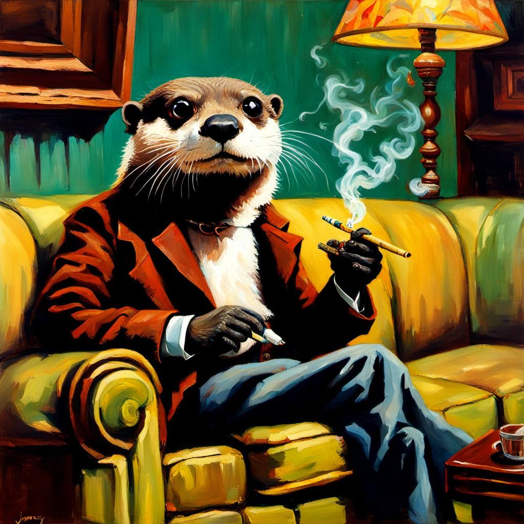Expressive Otter Smokes on Couch in Oil Painting