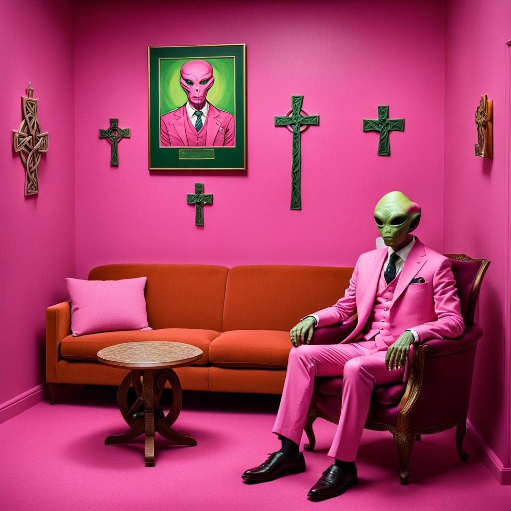 Alien in Pink Suit in Pink Room